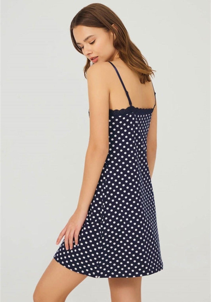 Lacivert Beyaz Puantiyeli İnce Askılı Pamuklu Gecelik CH1406