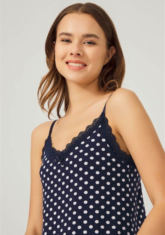 Lacivert Beyaz Puantiyeli İnce Askılı Pamuklu Gecelik CH1406