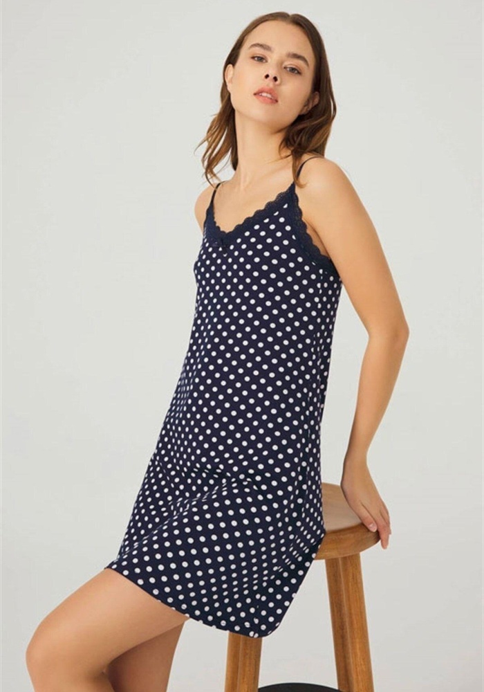 Lacivert Beyaz Puantiyeli İnce Askılı Pamuklu Gecelik CH1406