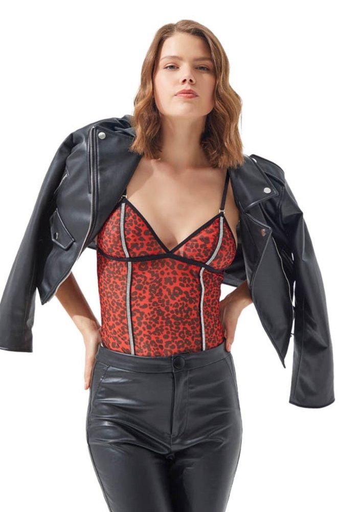 Transparan Desenli Ayarlanabilir Askılı Taşlı Bodysuit CH1030