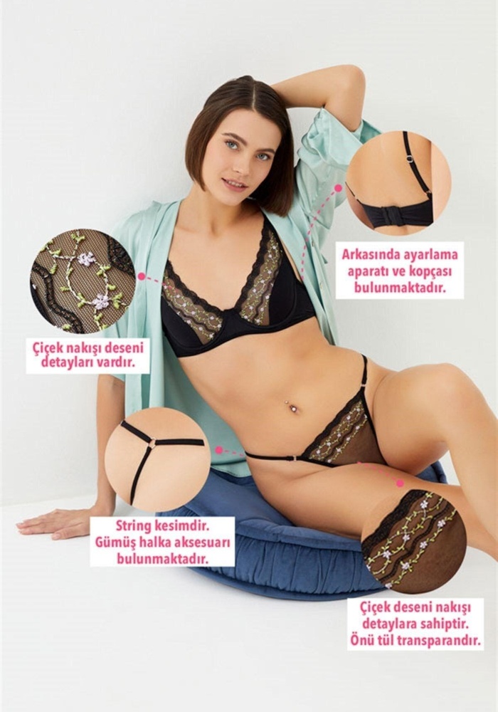 Çiçek Nakışlı Dantel Detaylı String Külotlu Balenli Sütyen Takımı CH1050