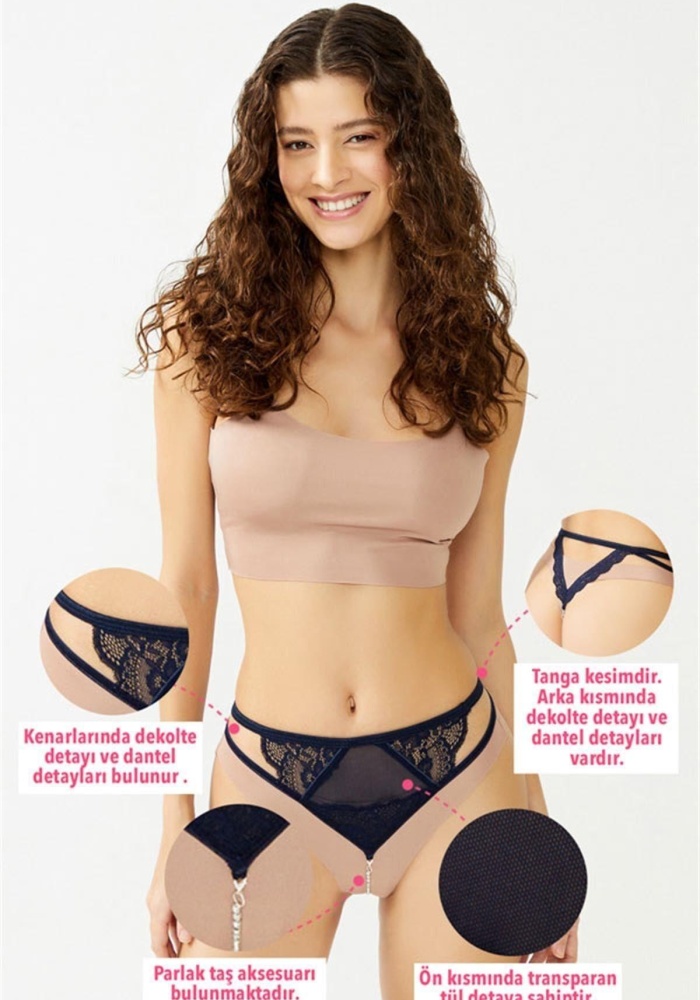 Dantelli Taş ve Tül Detaylı Özel Bölgesi Açık Kadın String Külot CH6110