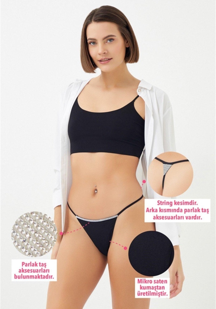 Mikro Saten Ön ve Arka Taş Detaylı Kadın String Külot CH6119