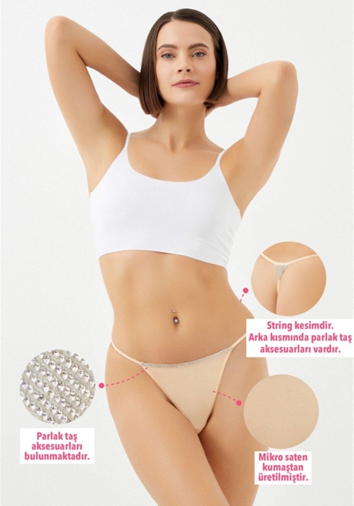 Mikro Saten Ön ve Arka Taş Detaylı Kadın String Külot CH6119