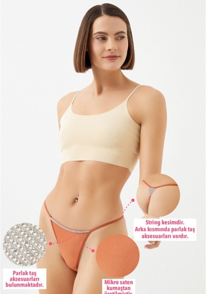 Mikro Saten Ön ve Arka Taş Detaylı Kadın String Külot CH6119
