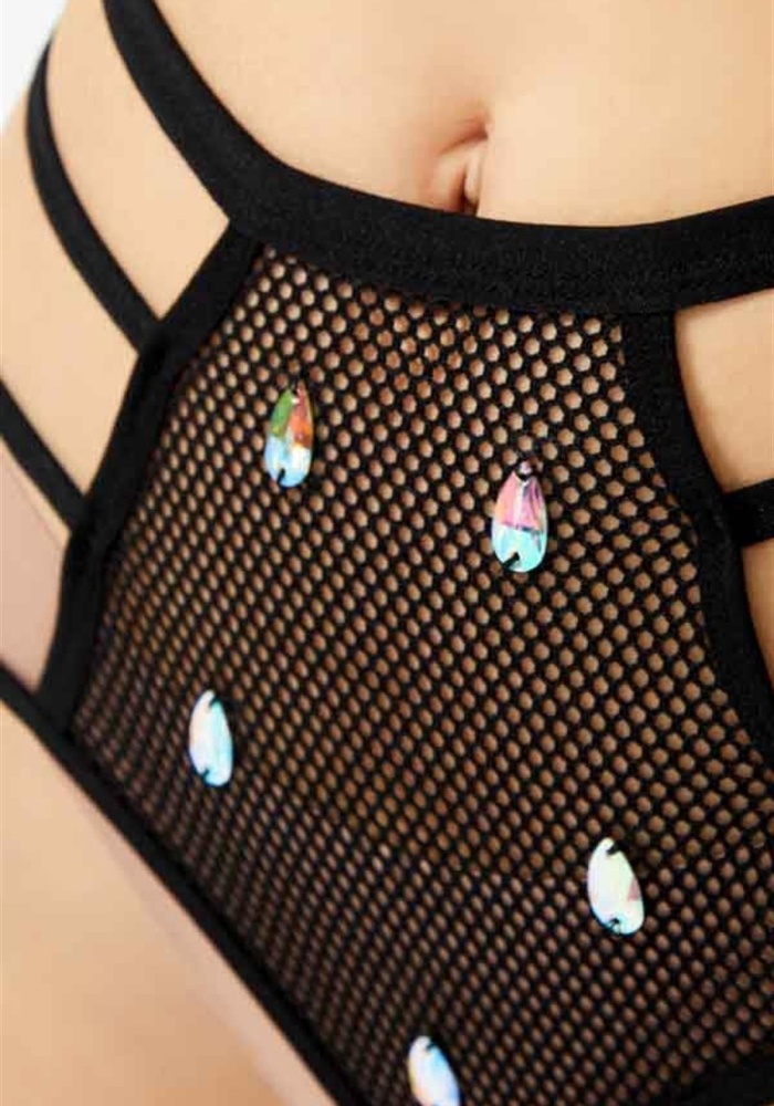 Transparan Fileli Taş ve Lastik Detaylı Yüksek Bel Kadın String Külot CH6123