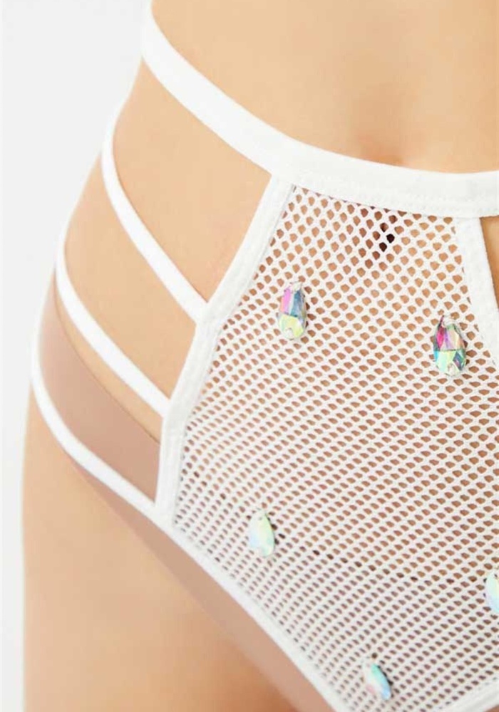 Transparan Fileli Taş ve Lastik Detaylı Yüksek Bel Kadın String Külot CH6123