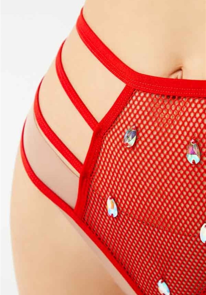 Transparan Fileli Taş ve Lastik Detaylı Yüksek Bel Kadın String Külot CH6123