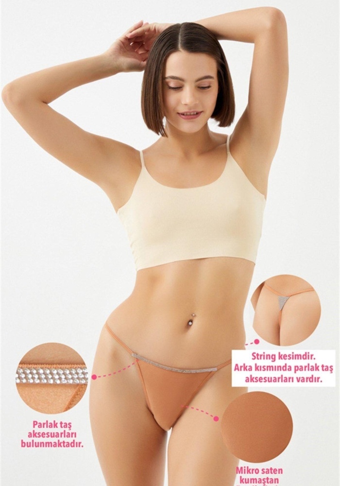 Mikro Saten Ön ve Arka Taş Detaylı Kadın String Külot CH6119