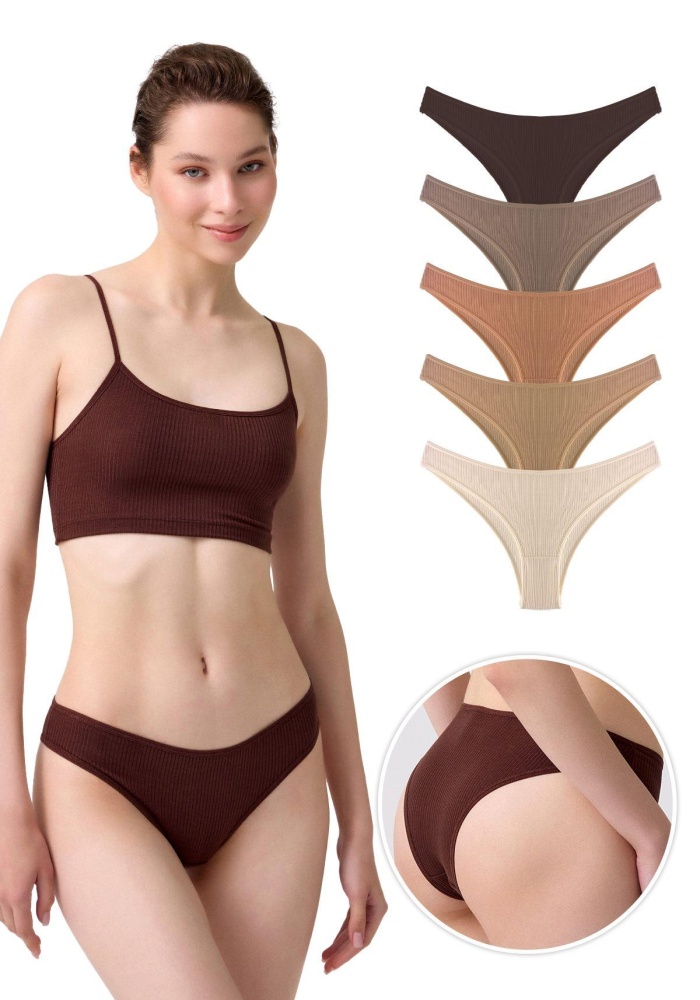 Kadın Pamuklu ve Likralı Fitilli Kaşkorse Brezilya Külot 5li Paket CH6170