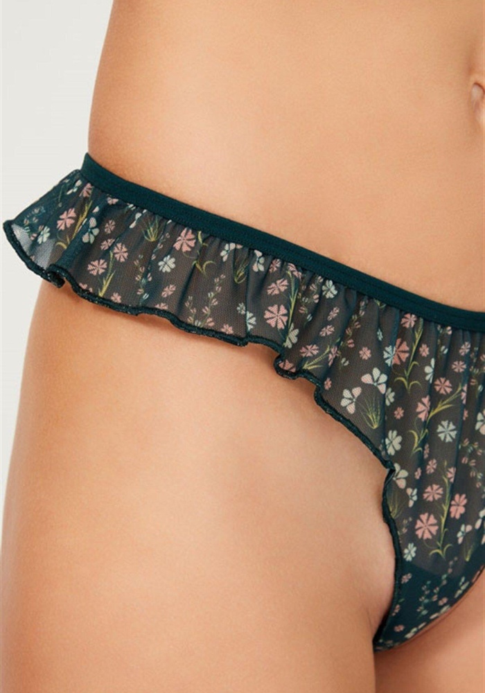 Çiçek Desenli Tül Kenarları Fırfırlı Tanga Külot CH6069