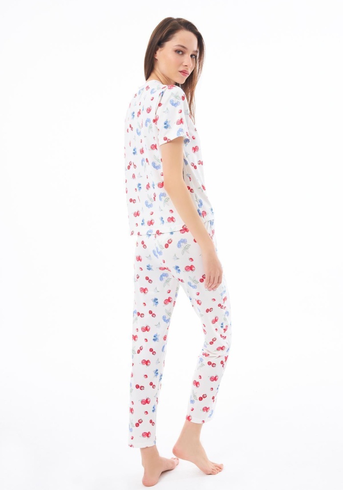 Desenli Yumuşak Dokulu Kısa Kollu Bisiklet Yaka Pijama Takımı CH1519