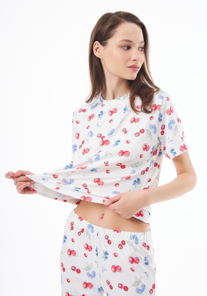 Desenli Yumuşak Dokulu Kısa Kollu Bisiklet Yaka Pijama Takımı CH1519