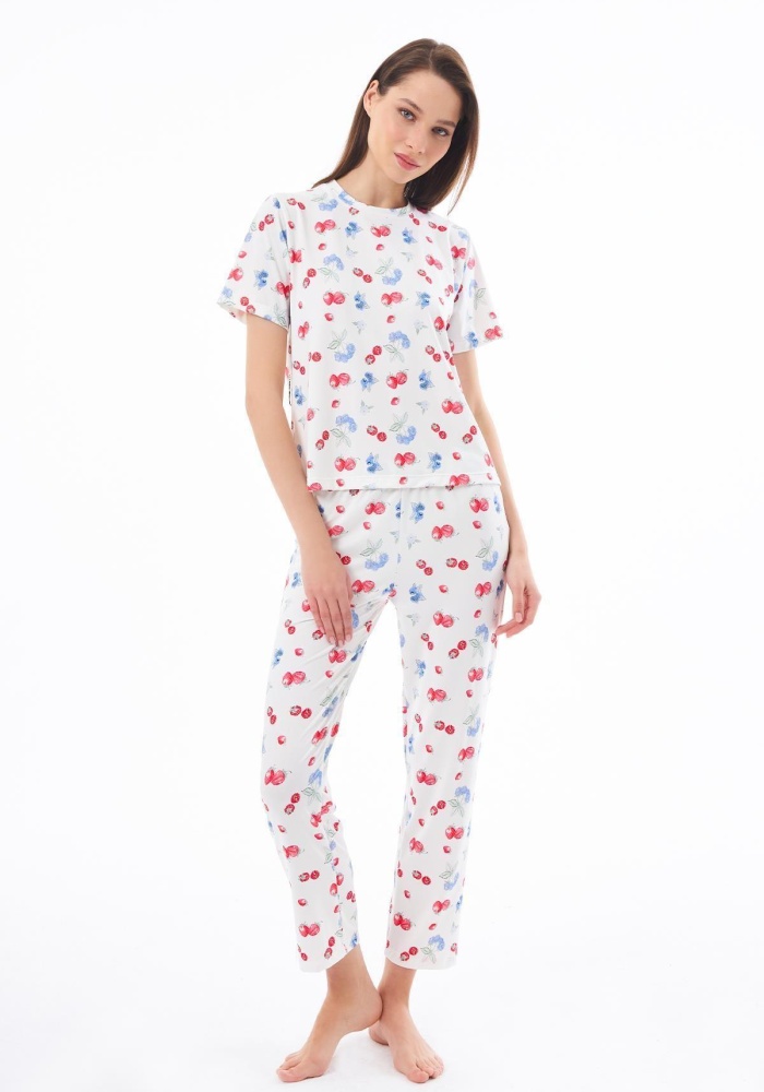 Desenli Yumuşak Dokulu Kısa Kollu Bisiklet Yaka Pijama Takımı CH1519