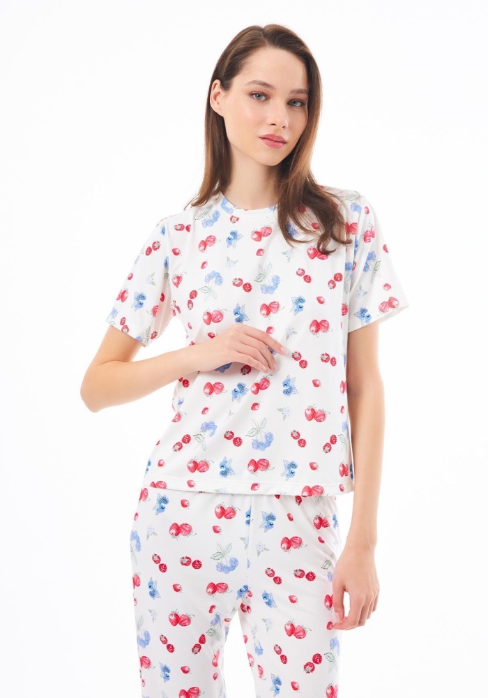 Desenli Yumuşak Dokulu Kısa Kollu Bisiklet Yaka Pijama Takımı CH1519