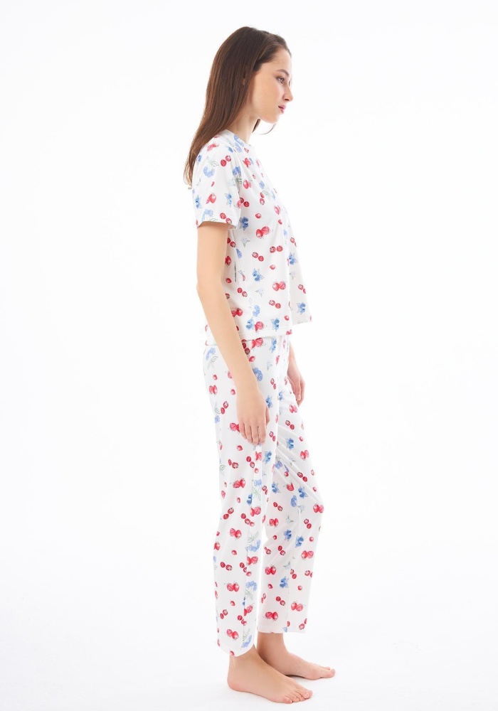 Desenli Yumuşak Dokulu Kısa Kollu Bisiklet Yaka Pijama Takımı CH1519