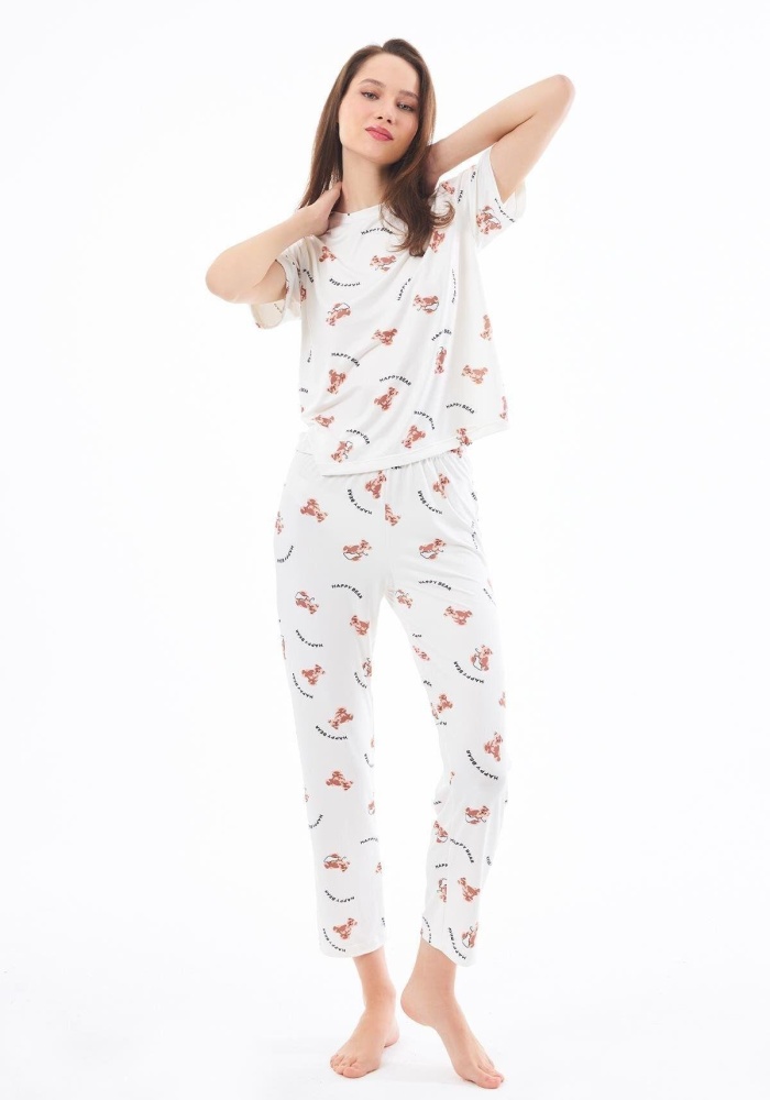Desenli Yumuşak Dokulu Kısa Kollu Bisiklet Yaka Pijama Takımı CH1519