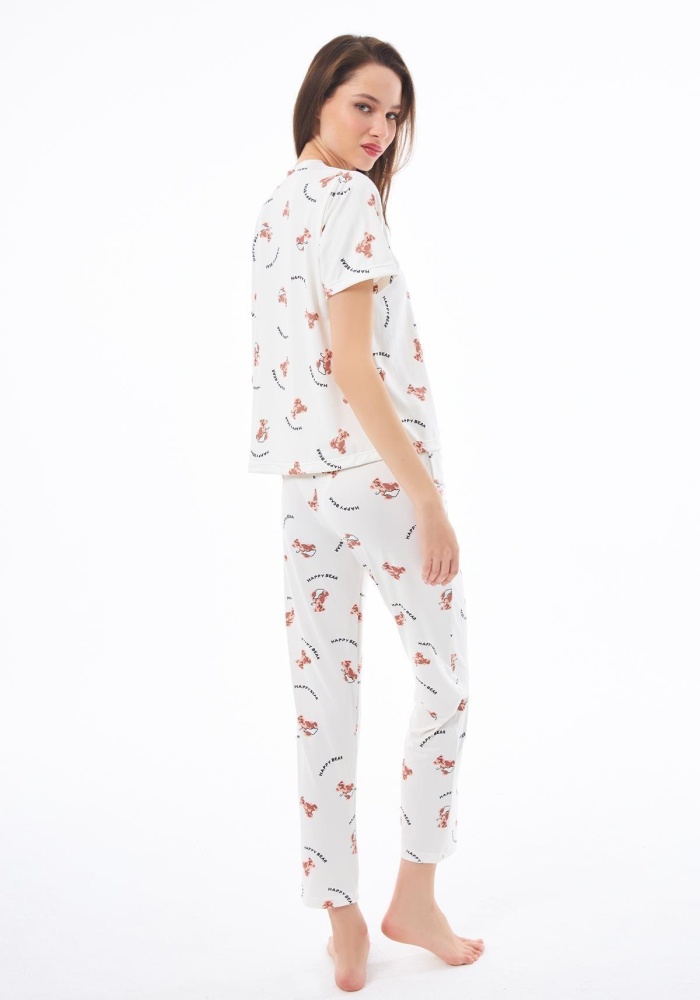 Desenli Yumuşak Dokulu Kısa Kollu Bisiklet Yaka Pijama Takımı CH1519