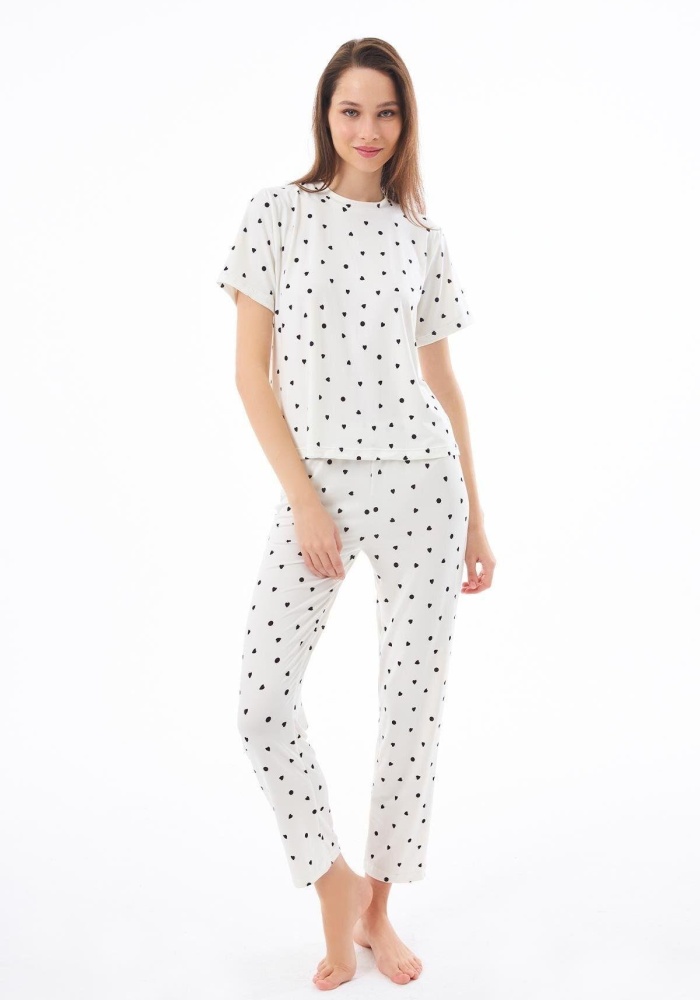 Desenli Yumuşak Dokulu Kısa Kollu Bisiklet Yaka Pijama Takımı CH1519