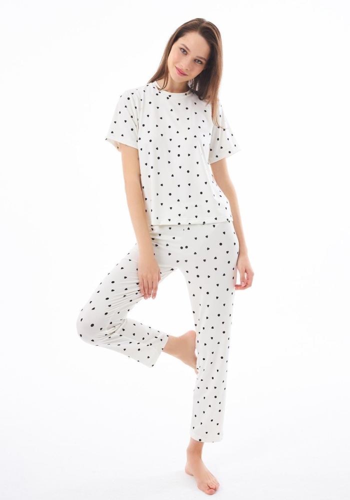 Desenli Yumuşak Dokulu Kısa Kollu Bisiklet Yaka Pijama Takımı CH1519