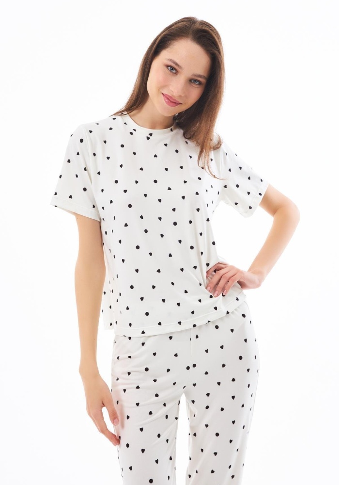 Desenli Yumuşak Dokulu Kısa Kollu Bisiklet Yaka Pijama Takımı CH1519