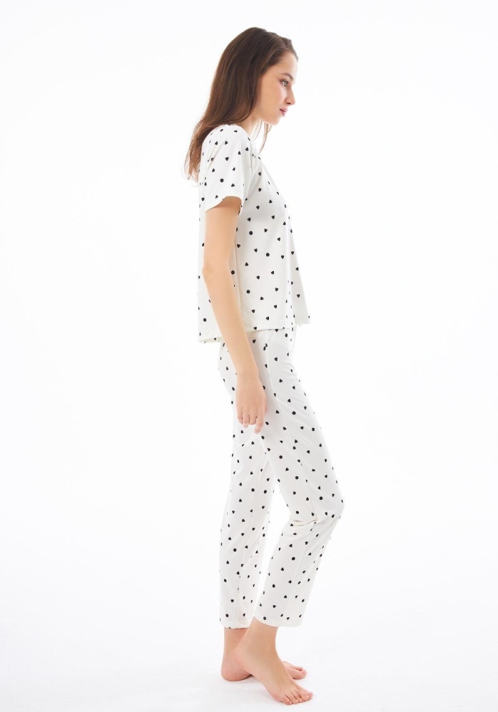 Desenli Yumuşak Dokulu Kısa Kollu Bisiklet Yaka Pijama Takımı CH1519