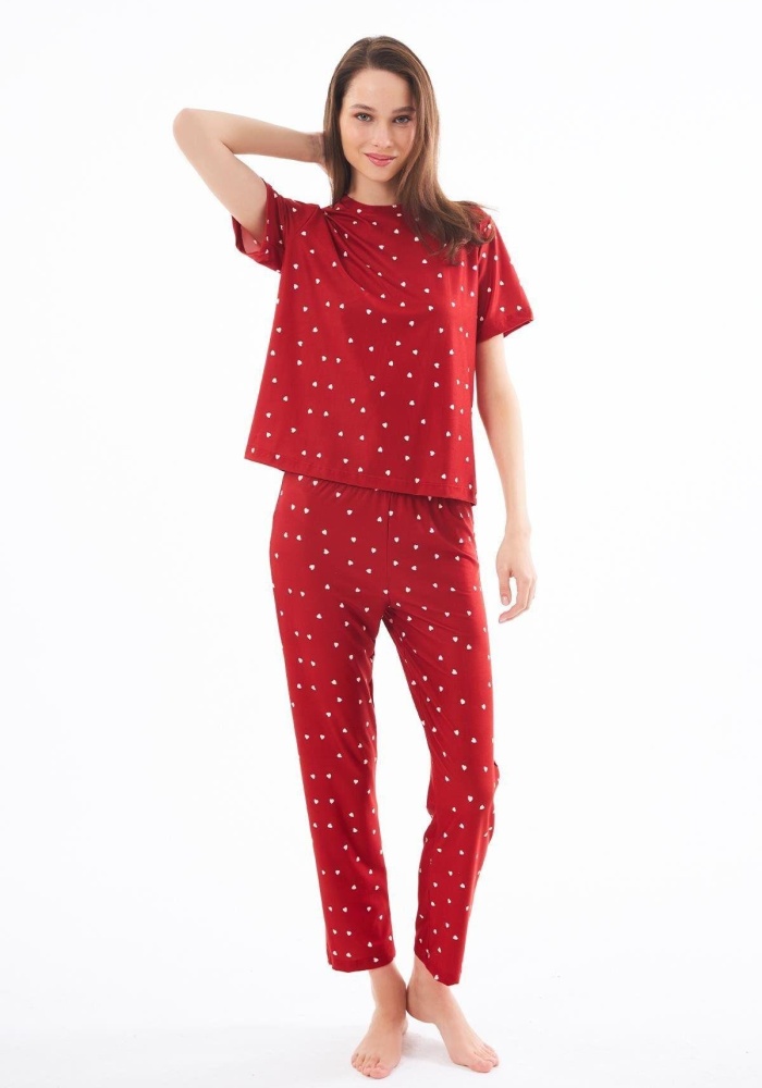 Desenli Yumuşak Dokulu Kısa Kollu Bisiklet Yaka Pijama Takımı CH1519