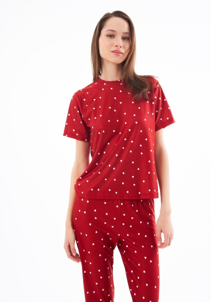 Desenli Yumuşak Dokulu Kısa Kollu Bisiklet Yaka Pijama Takımı CH1519