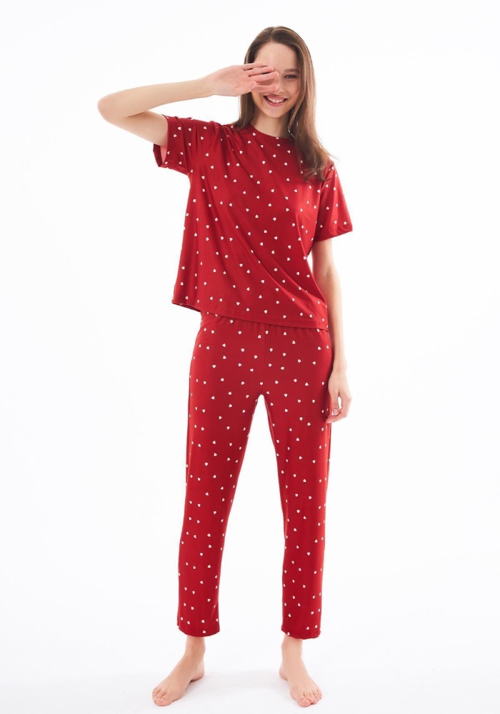 Desenli Yumuşak Dokulu Kısa Kollu Bisiklet Yaka Pijama Takımı CH1519