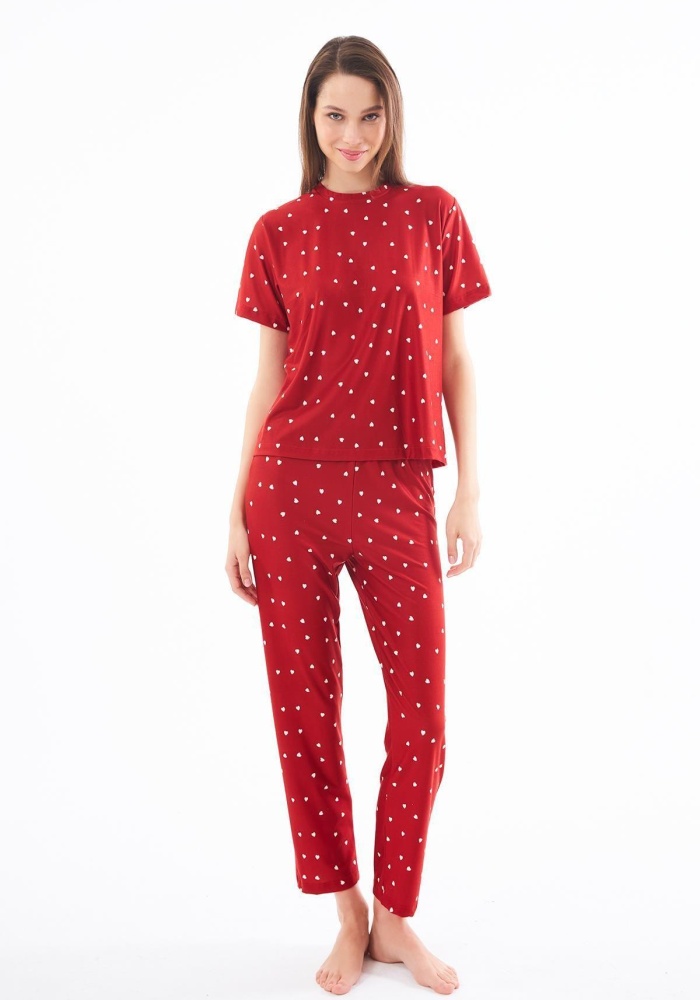 Desenli Yumuşak Dokulu Kısa Kollu Bisiklet Yaka Pijama Takımı CH1519