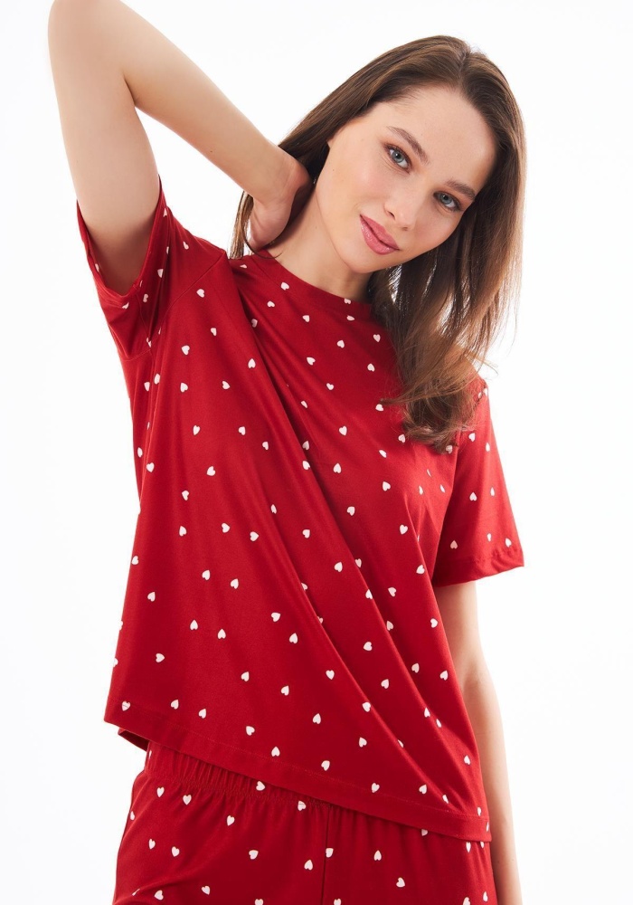 Desenli Yumuşak Dokulu Kısa Kollu Bisiklet Yaka Pijama Takımı CH1519