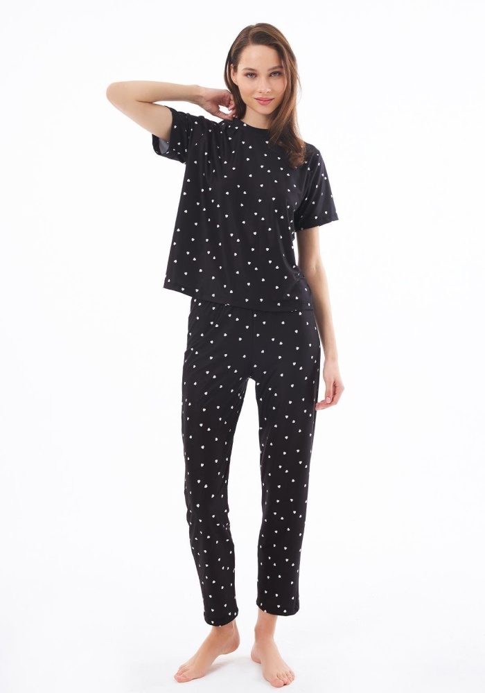 Desenli Yumuşak Dokulu Kısa Kollu Bisiklet Yaka Pijama Takımı CH1519