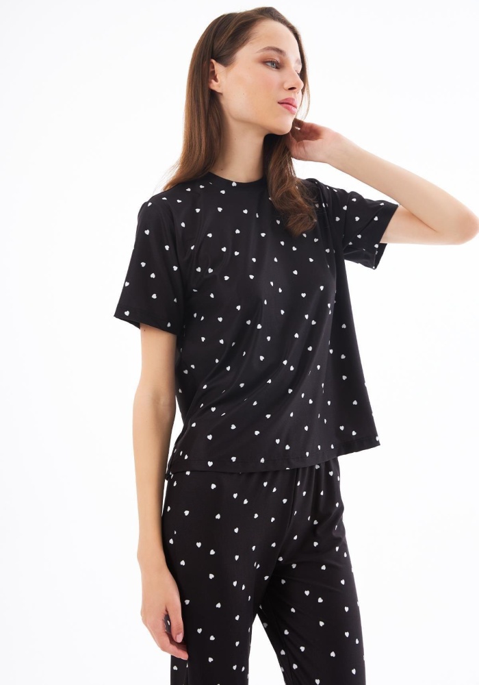 Desenli Yumuşak Dokulu Kısa Kollu Bisiklet Yaka Pijama Takımı CH1519