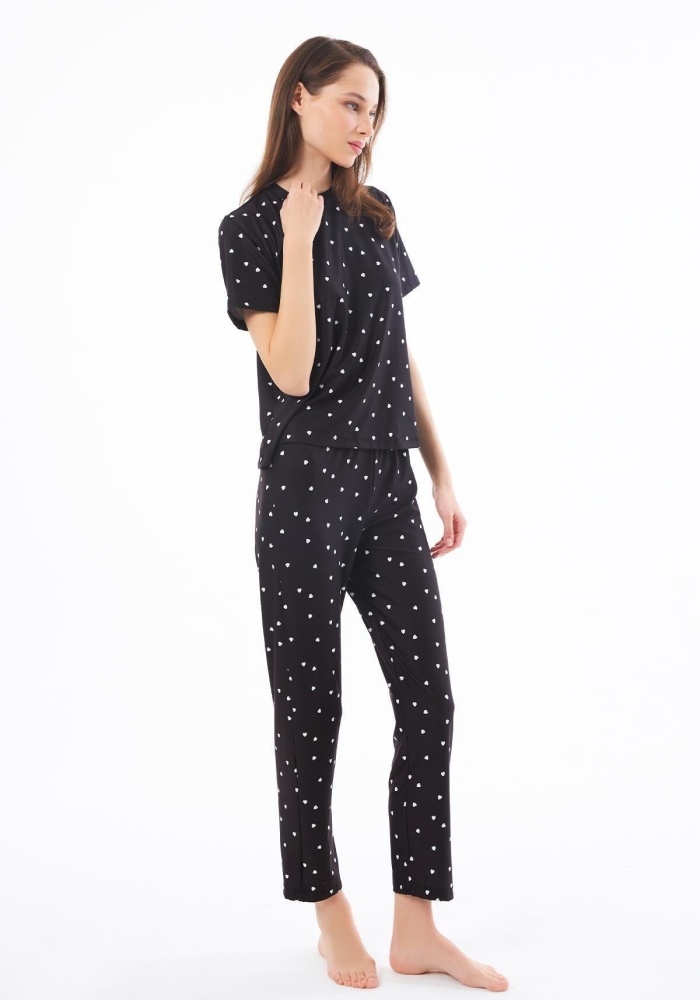 Desenli Yumuşak Dokulu Kısa Kollu Bisiklet Yaka Pijama Takımı CH1519