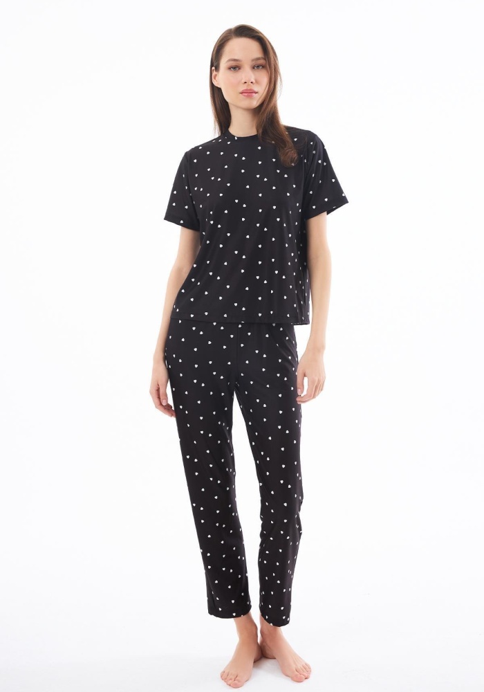 Desenli Yumuşak Dokulu Kısa Kollu Bisiklet Yaka Pijama Takımı CH1519