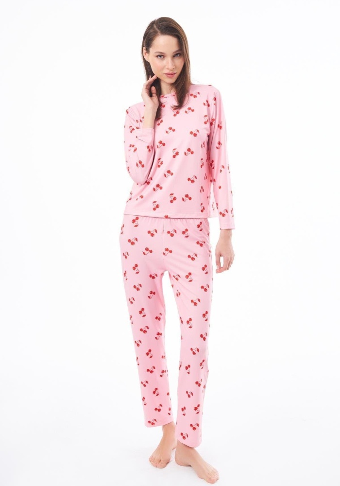 Desenli Yumuşak Dokulu Uzun Kollu Bisiklet Yaka Pijama Takımı CH1520