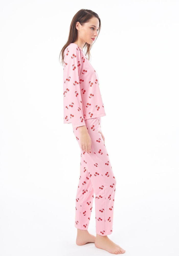 Desenli Yumuşak Dokulu Uzun Kollu Bisiklet Yaka Pijama Takımı CH1520