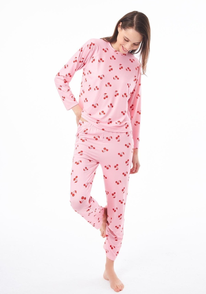 Desenli Yumuşak Dokulu Uzun Kollu Bisiklet Yaka Pijama Takımı CH1520