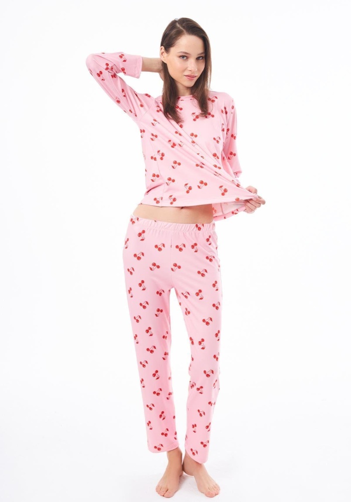 Desenli Yumuşak Dokulu Uzun Kollu Bisiklet Yaka Pijama Takımı CH1520
