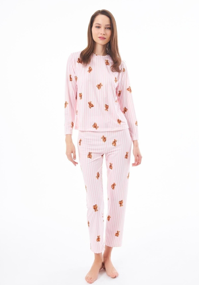 Desenli Yumuşak Dokulu Uzun Kollu Bisiklet Yaka Pijama Takımı CH1520