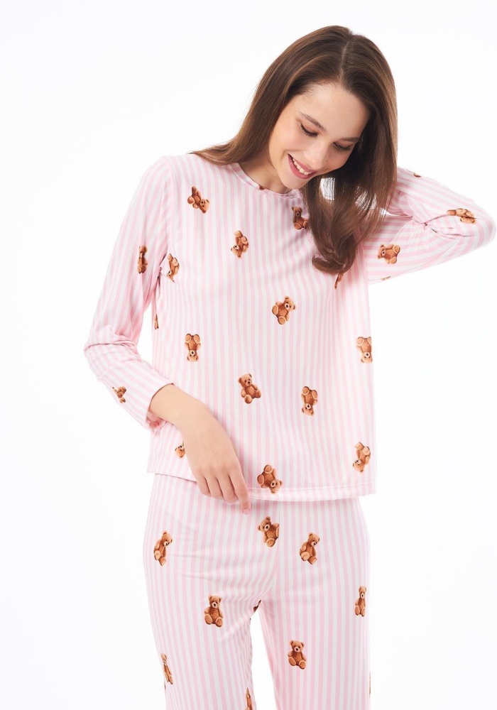 Desenli Yumuşak Dokulu Uzun Kollu Bisiklet Yaka Pijama Takımı CH1520