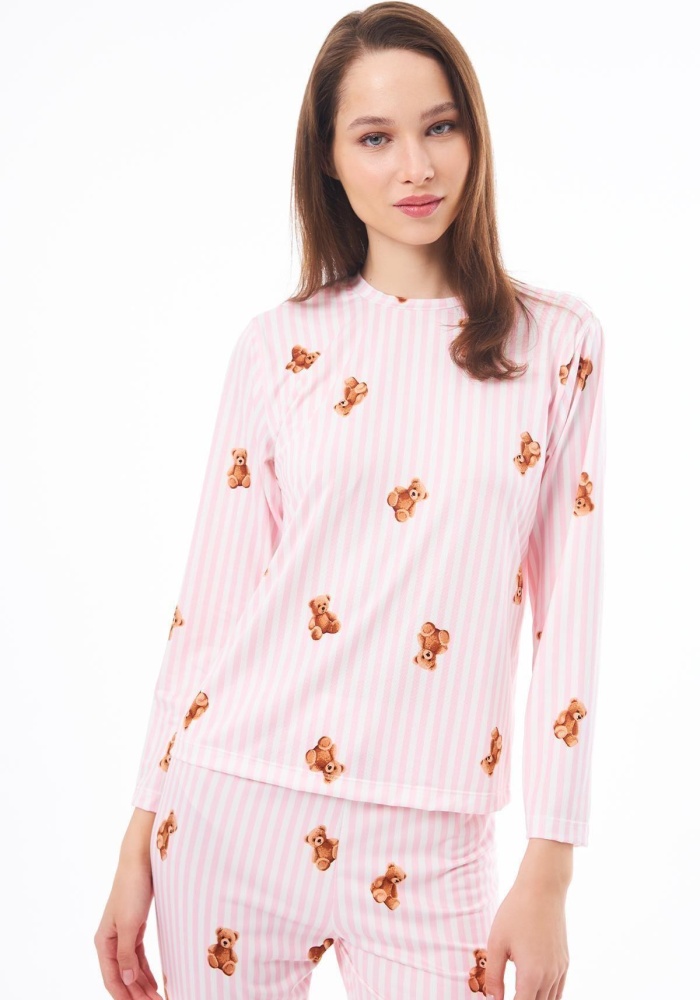 Desenli Yumuşak Dokulu Uzun Kollu Bisiklet Yaka Pijama Takımı CH1520