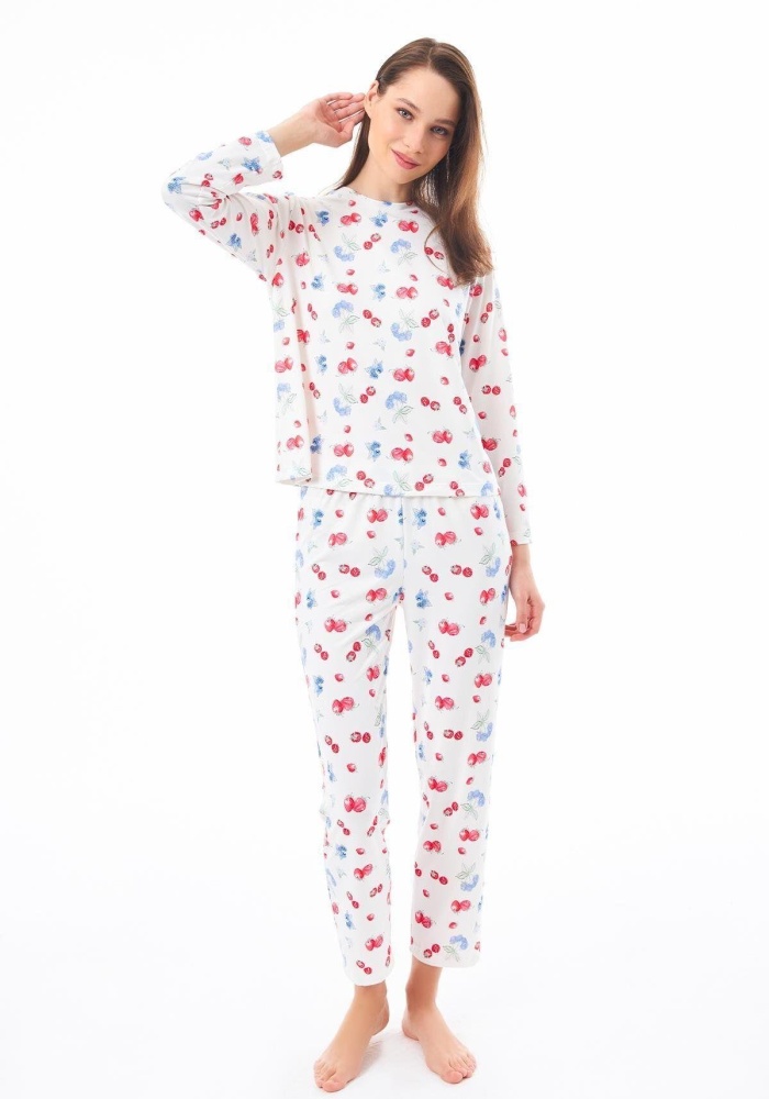 Desenli Yumuşak Dokulu Uzun Kollu Bisiklet Yaka Pijama Takımı CH1520