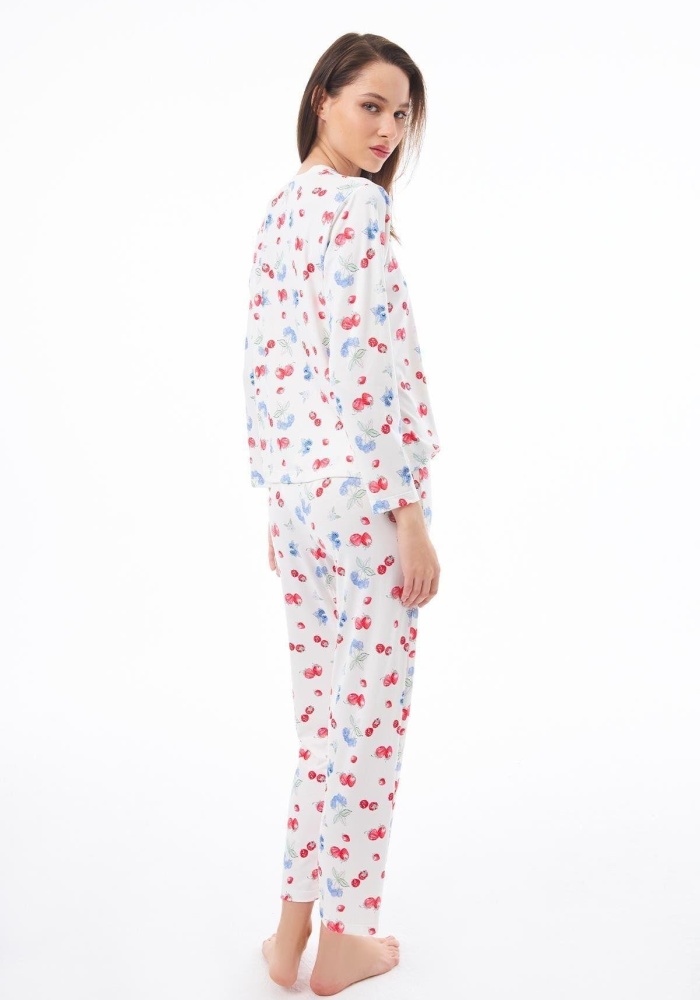 Desenli Yumuşak Dokulu Uzun Kollu Bisiklet Yaka Pijama Takımı CH1520