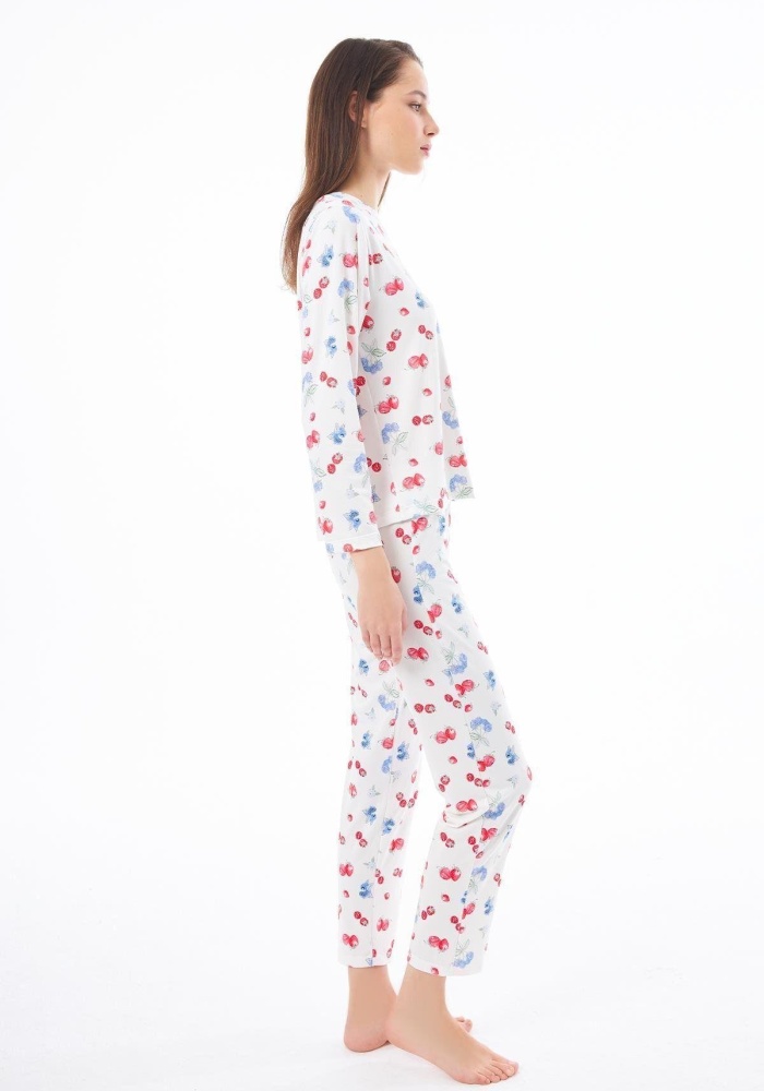 Desenli Yumuşak Dokulu Uzun Kollu Bisiklet Yaka Pijama Takımı CH1520
