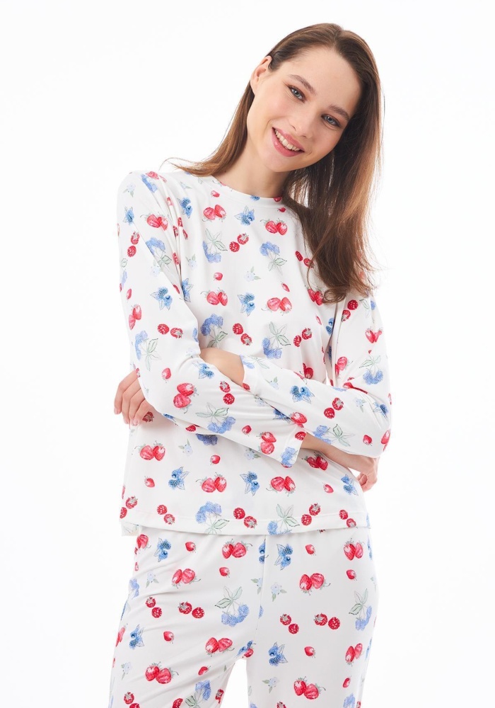 Desenli Yumuşak Dokulu Uzun Kollu Bisiklet Yaka Pijama Takımı CH1520