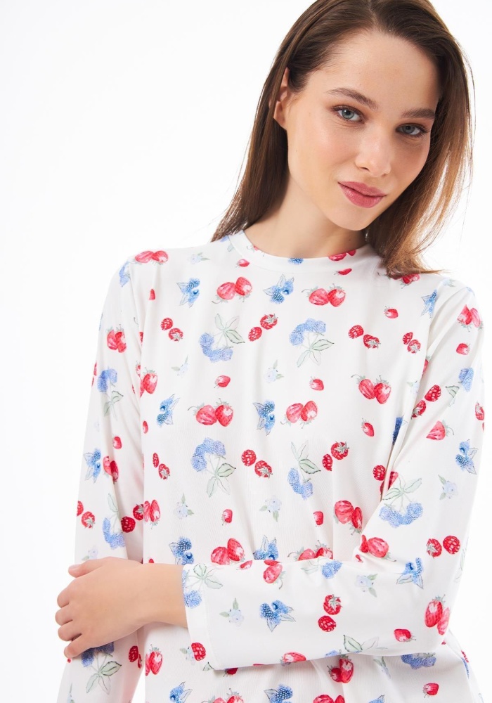 Desenli Yumuşak Dokulu Uzun Kollu Bisiklet Yaka Pijama Takımı CH1520