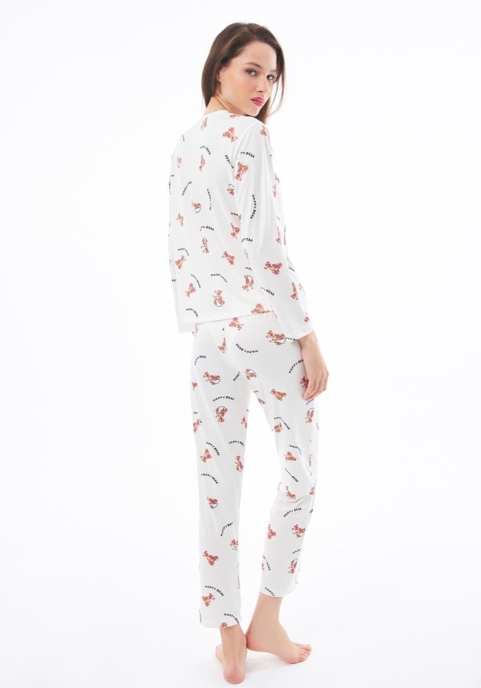 Desenli Yumuşak Dokulu Uzun Kollu Bisiklet Yaka Pijama Takımı CH1520