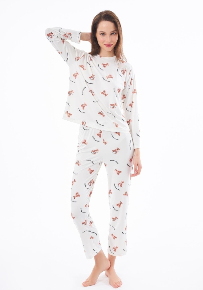 Desenli Yumuşak Dokulu Uzun Kollu Bisiklet Yaka Pijama Takımı CH1520