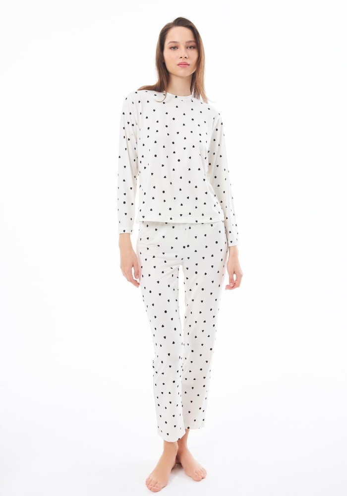 Desenli Yumuşak Dokulu Uzun Kollu Bisiklet Yaka Pijama Takımı CH1520